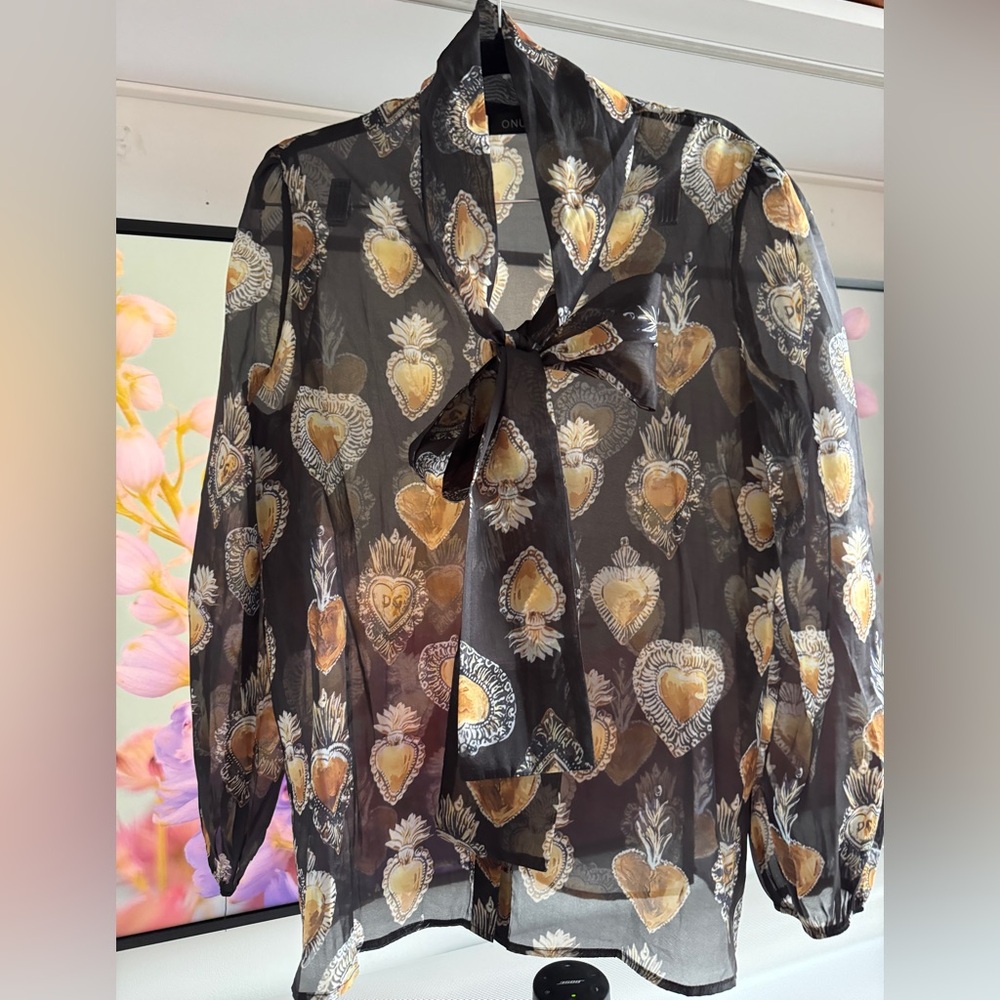 Designer-Style Black Sheer Bow-Neck Blouse with Gold Heart Motif